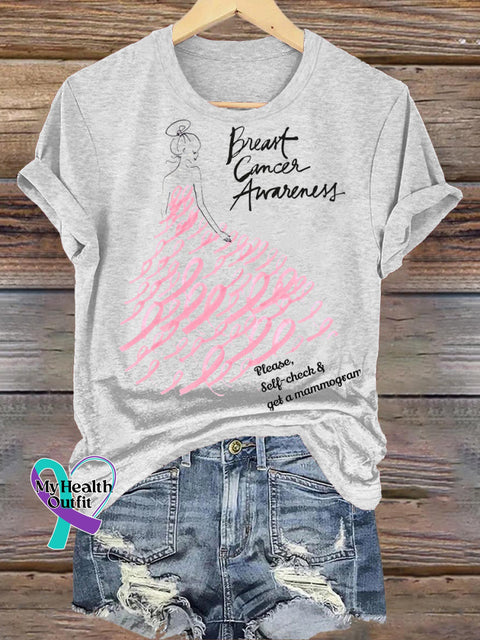 Breast Cancer Awareness Printed Casual Crew Neck Short Sleeve T-Shirt Multicolor / S