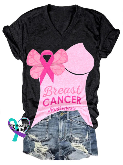 Breast Cancer Awareness Printed Casual V-Neck Short Sleeve T-Shirt Black / S