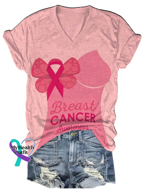 Breast Cancer Awareness Printed Casual V-Neck Short Sleeve T-Shirt Pink / S