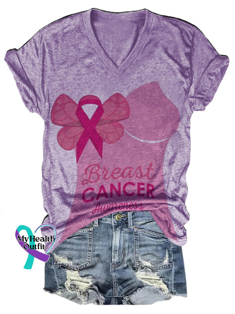Breast Cancer Awareness Printed Casual V-Neck Short Sleeve T-Shirt Purple / S