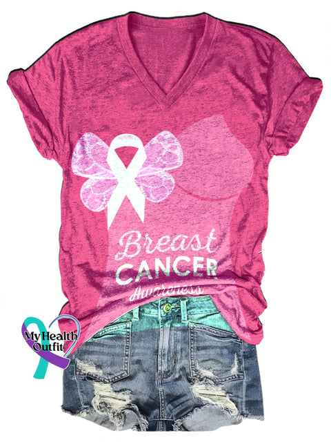 Breast Cancer Awareness Printed Casual V-Neck Short Sleeve T-Shirt RoseRed / S