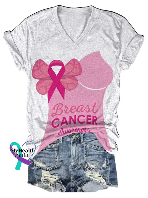 Breast Cancer Awareness Printed Casual V-Neck Short Sleeve T-Shirt White / S