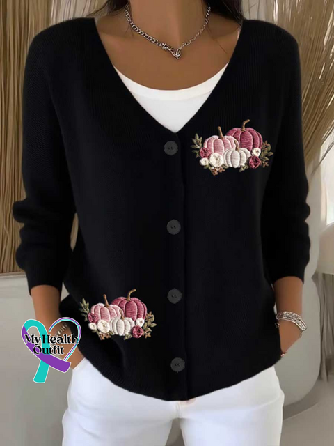 Breast Cancer Awareness Pumpkin Print Buttoned V-neck Cardigan Sweater Black / S