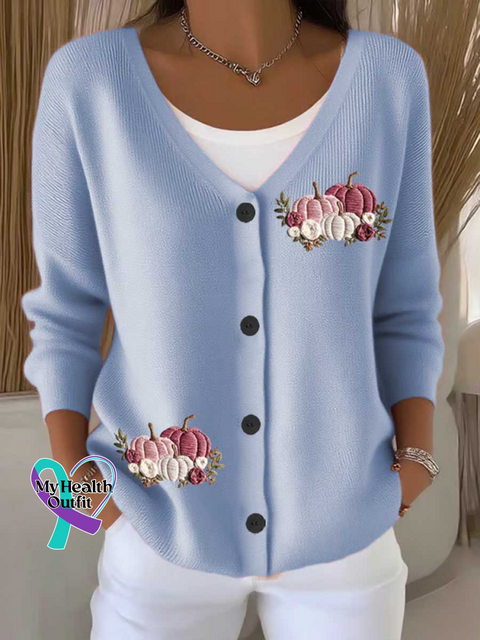 Breast Cancer Awareness Pumpkin Print Buttoned V-neck Cardigan Sweater Blue / S