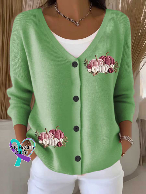 Breast Cancer Awareness Pumpkin Print Buttoned V-neck Cardigan Sweater Green / S