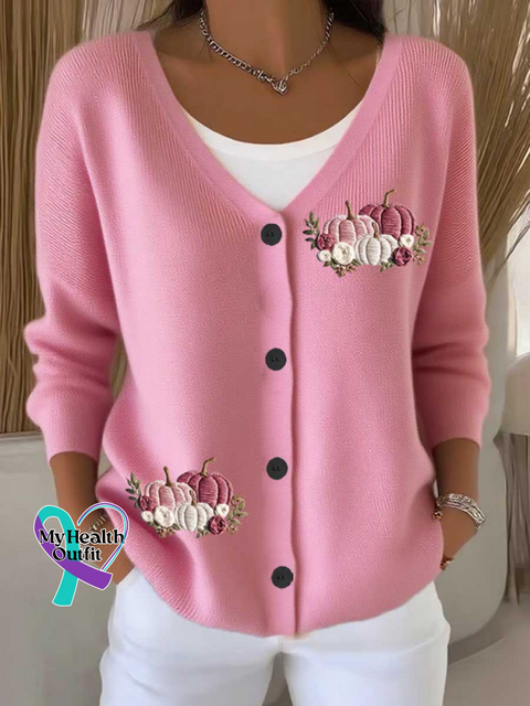 Breast Cancer Awareness Pumpkin Print Buttoned V-neck Cardigan Sweater LightPink / S