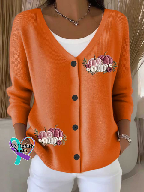 Breast Cancer Awareness Pumpkin Print Buttoned V-neck Cardigan Sweater Orange / S