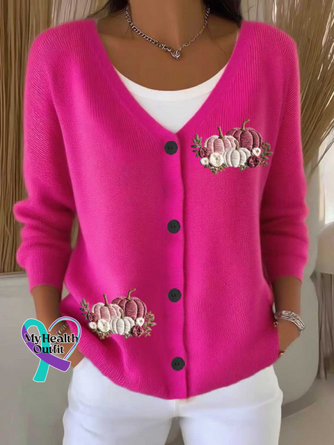 Breast Cancer Awareness Pumpkin Print Buttoned V-neck Cardigan Sweater Pink / S