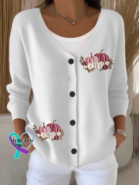 Breast Cancer Awareness Pumpkin Print Buttoned V-neck Cardigan Sweater White / S
