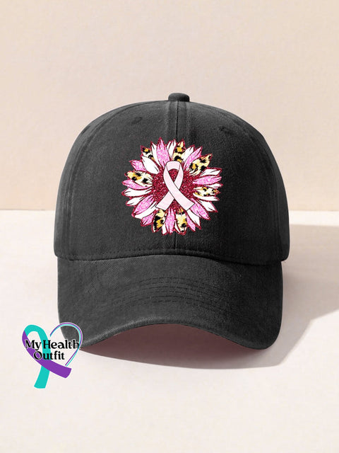 Breast Cancer Awareness Sunflower Pink Ribbon Print Hats Black / Onesize