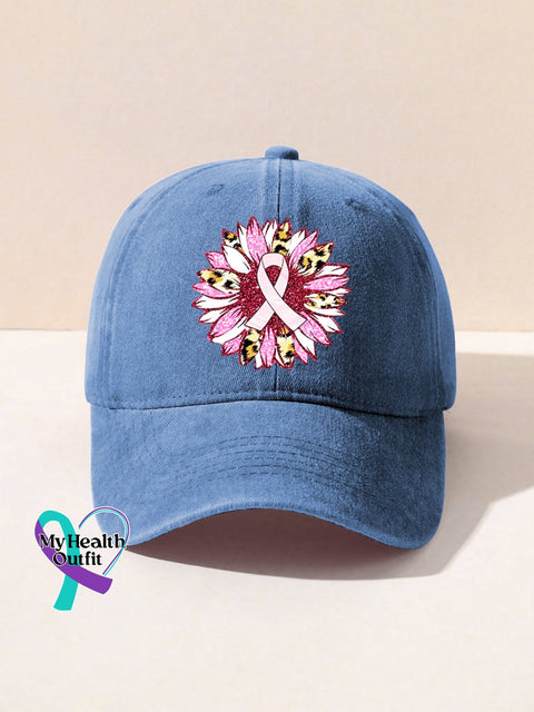 Breast Cancer Awareness Sunflower Pink Ribbon Print Hats Blue / Onesize