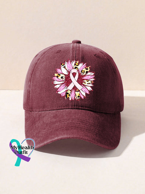 Breast Cancer Awareness Sunflower Pink Ribbon Print Hats Dark Red / Onesize