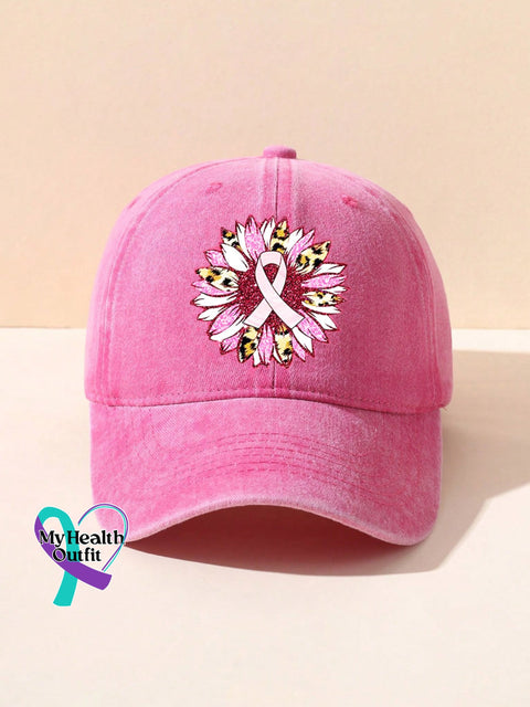 Breast Cancer Awareness Sunflower Pink Ribbon Print Hats / Onesize