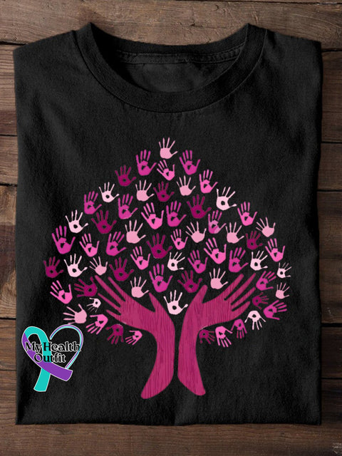 Breast Cancer Awareness Tree Of Life Print Casual T-Shirt Black / S