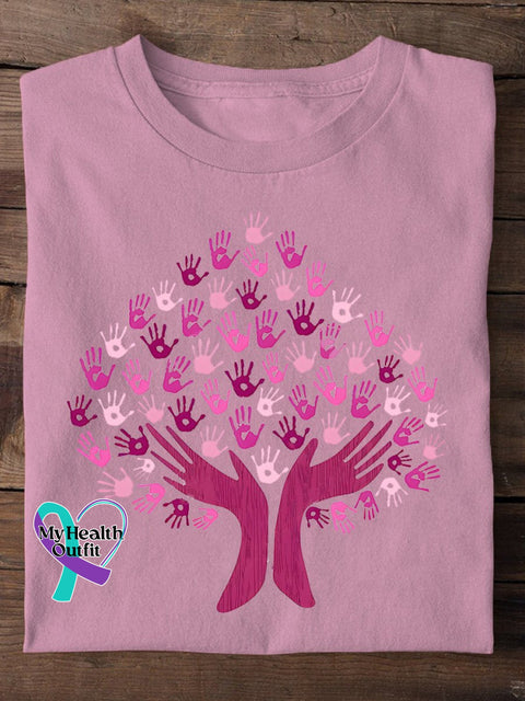 Breast Cancer Awareness Tree Of Life Print Casual T-Shirt Pink / S