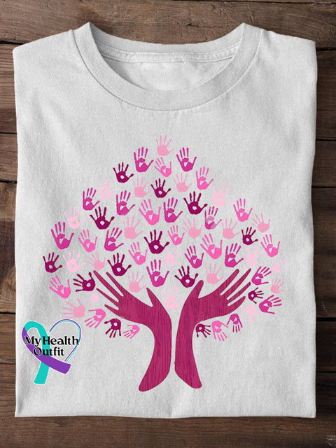 Breast Cancer Awareness Tree Of Life Print Casual T-Shirt White / S