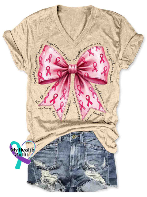 Breast Cancer Awareness V-neck Casual T-Shirt Apricot / S