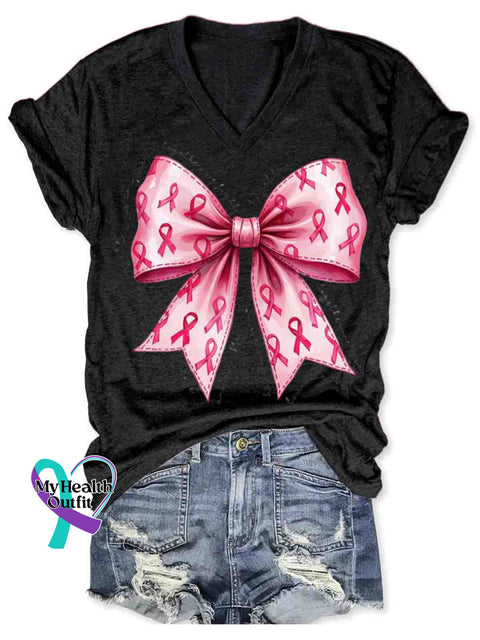 Breast Cancer Awareness V-neck Casual T-Shirt Black / S