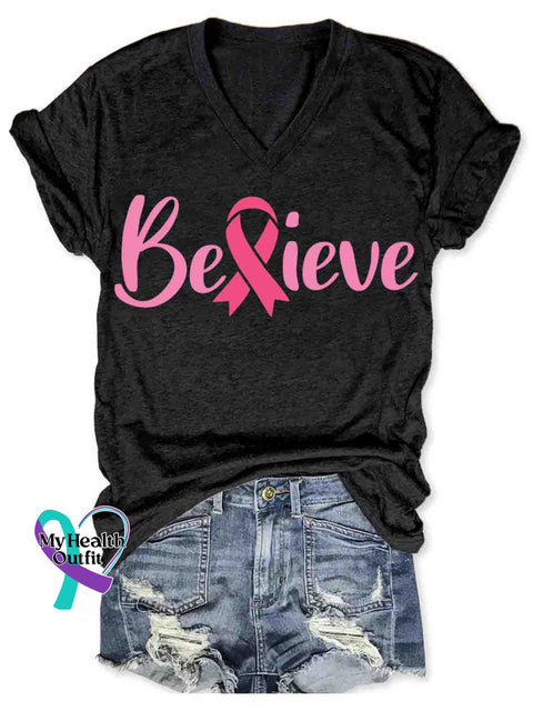Breast Cancer Awareness V neck Casual T Shirt Black / S