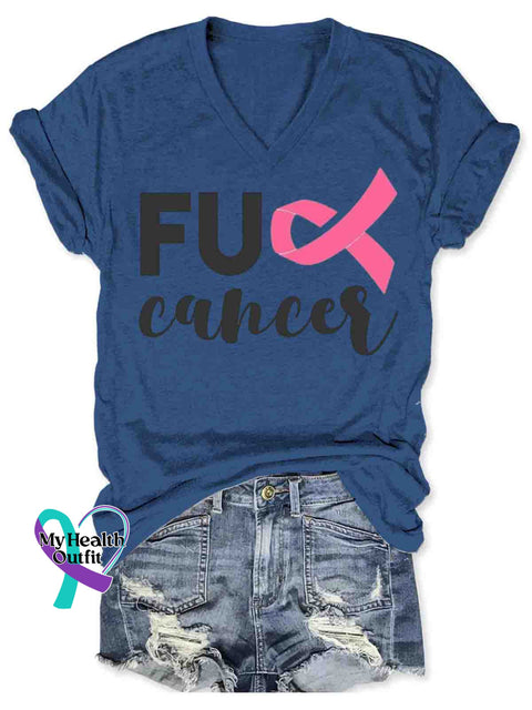Breast Cancer Awareness V neck Casual T Shirt Blue / S