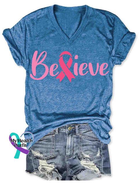Breast Cancer Awareness V neck Casual T Shirt Blue / S