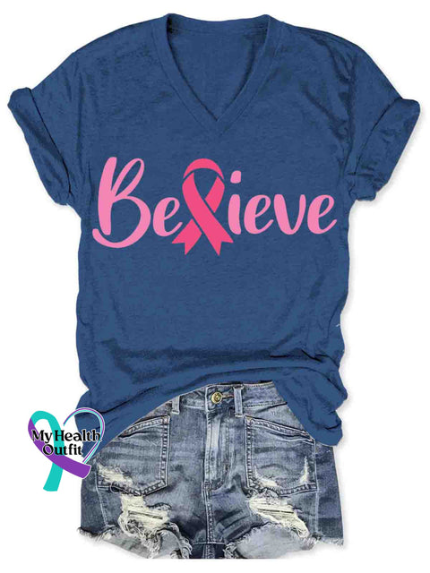 Breast Cancer Awareness V neck Casual T Shirt DarkBlue / S