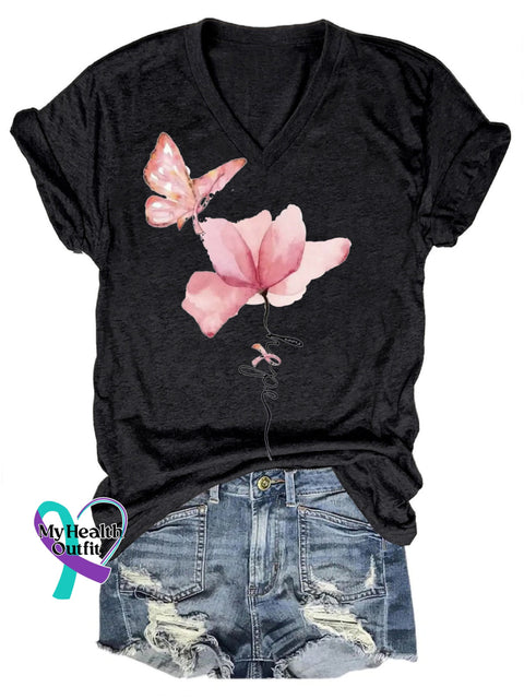 Breast Cancer Butterfly Floral Hope Casual V-Neck Short Sleeve T-Shirt Black / S