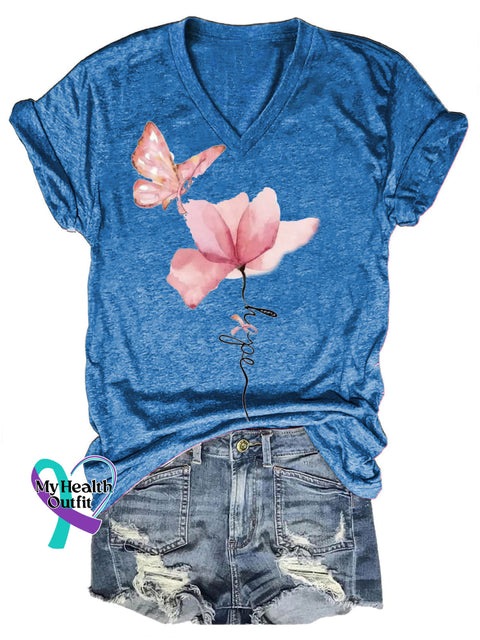 Breast Cancer Butterfly Floral Hope Casual V-Neck Short Sleeve T-Shirt Blue / S