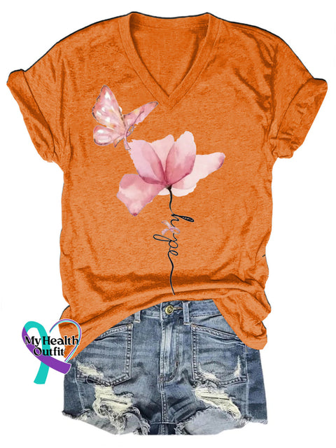 Breast Cancer Butterfly Floral Hope Casual V-Neck Short Sleeve T-Shirt Orange / S