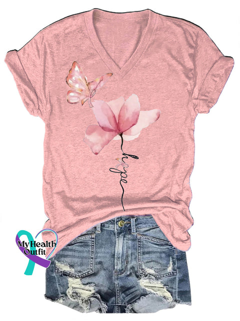 Breast Cancer Butterfly Floral Hope Casual V-Neck Short Sleeve T-Shirt Pink / S