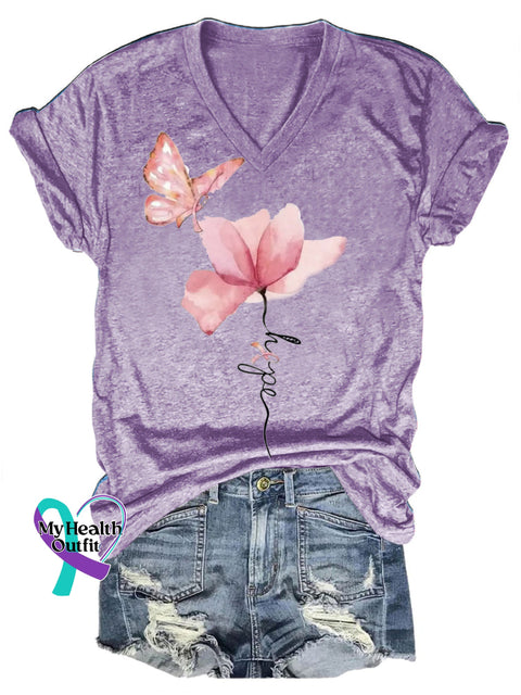 Breast Cancer Butterfly Floral Hope Casual V-Neck Short Sleeve T-Shirt Purple / S