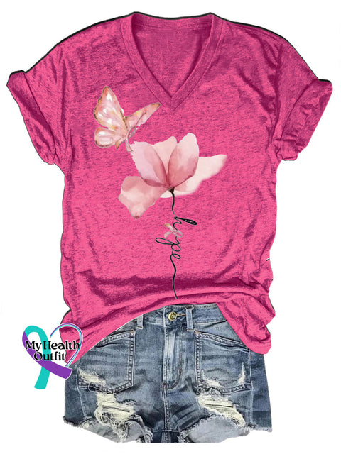 Breast Cancer Butterfly Floral Hope Casual V-Neck Short Sleeve T-Shirt RoseRed / S