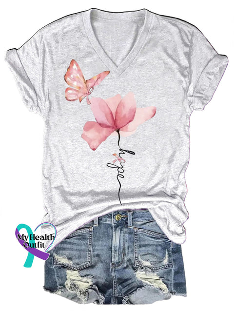Breast Cancer Butterfly Floral Hope Casual V-Neck Short Sleeve T-Shirt White / S