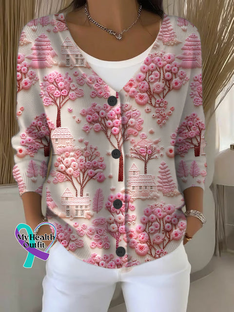 Breast Cancer Embroidered Print Buttoned V neck Cardigan Sweater Multicolor / S