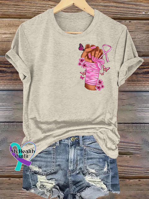 Breast Cancer Fight Print Casual Round Neck Short Sleeve T-Shirt Beige / S