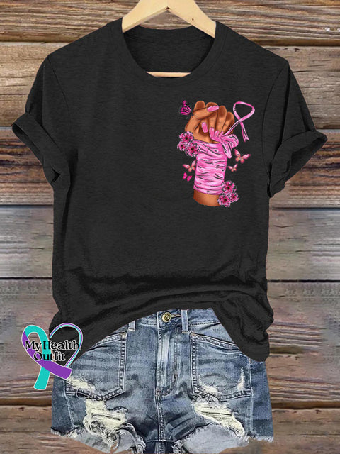 Breast Cancer Fight Print Casual Round Neck Short Sleeve T-Shirt Black / S