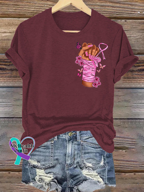 Breast Cancer Fight Print Casual Round Neck Short Sleeve T-Shirt Brown / S