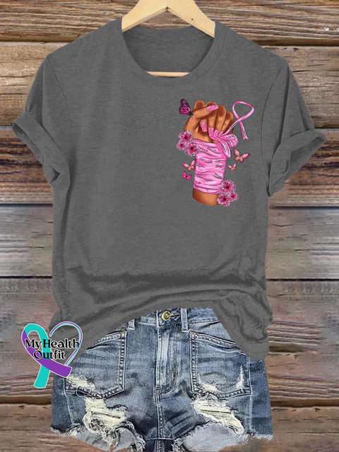 Breast Cancer Fight Print Casual Round Neck Short Sleeve T-Shirt Grey / S