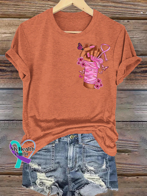 Breast Cancer Fight Print Casual Round Neck Short Sleeve T-Shirt Orange / S