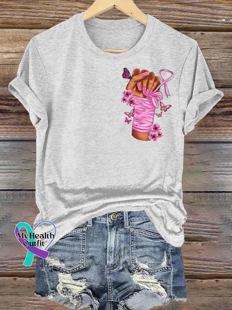 Breast Cancer Fight Print Casual Round Neck Short Sleeve T-Shirt White / S