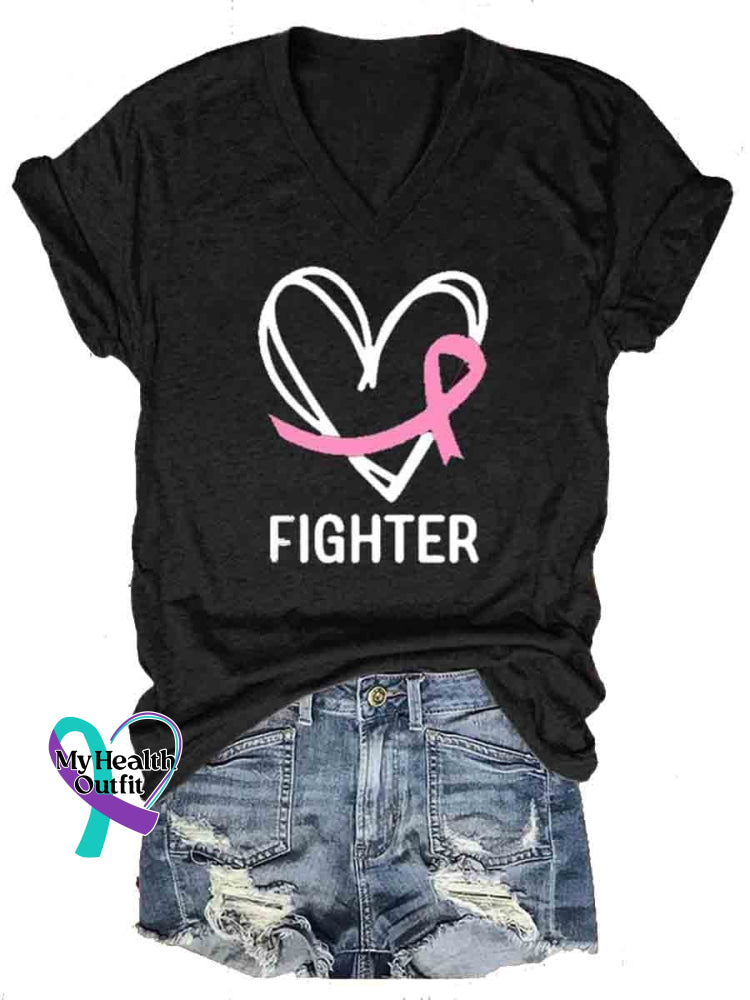Breast Cancer Fighter Casual V-Neck T-Shirt Black / S