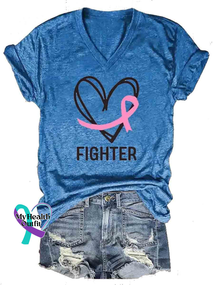 Breast Cancer Fighter Casual V-Neck T-Shirt Blue / S