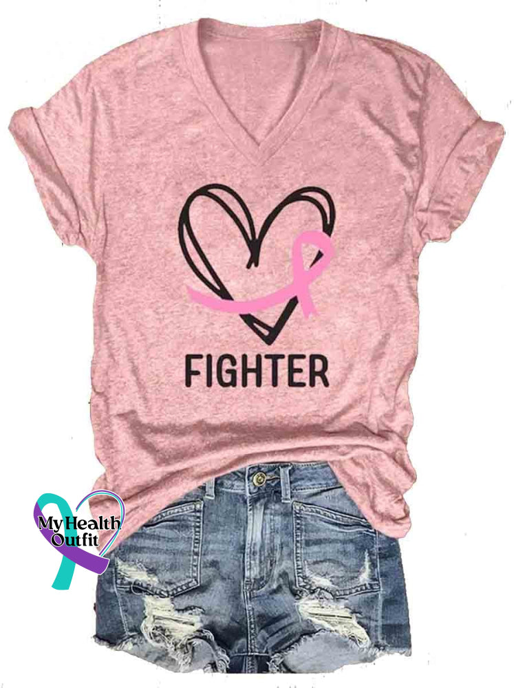 Breast Cancer Fighter Casual V-Neck T-Shirt Pink / S