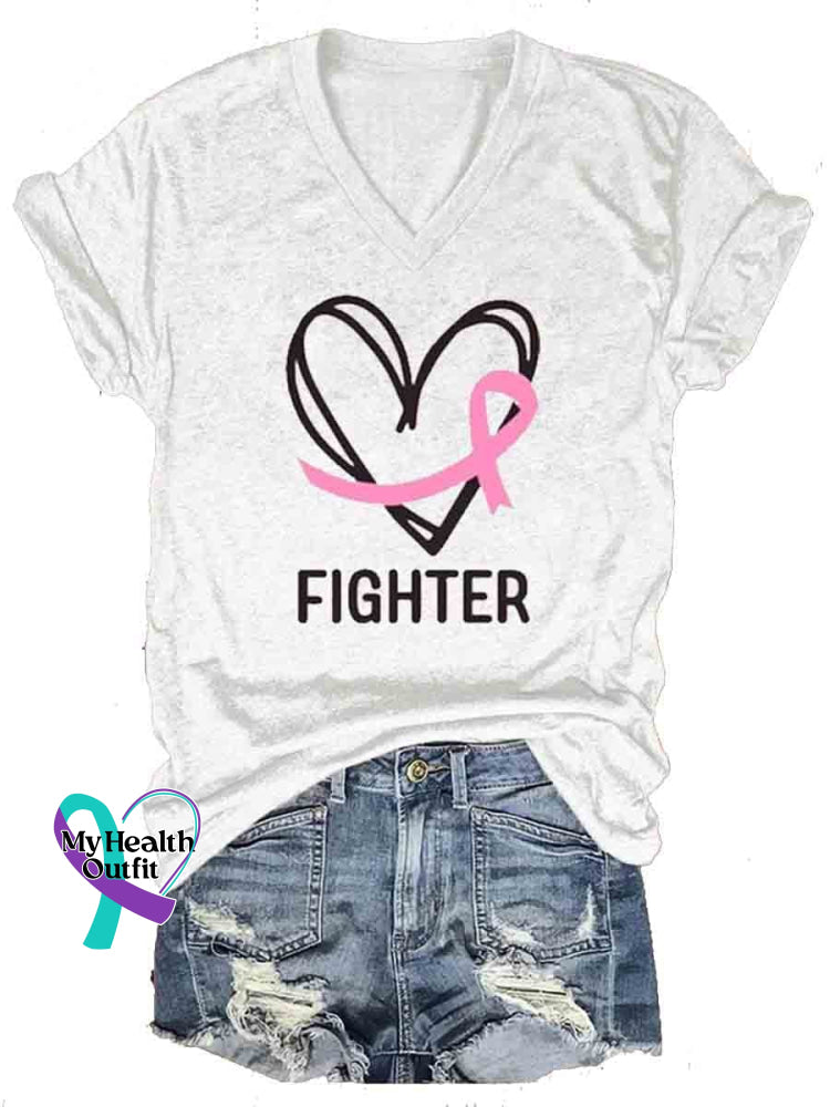 Breast Cancer Fighter Casual V-Neck T-Shirt White / S