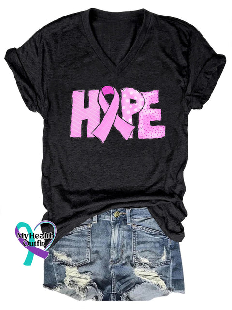 Breast Cancer Hope Casual V-Neck Short Sleeve T-Shirt Black / S