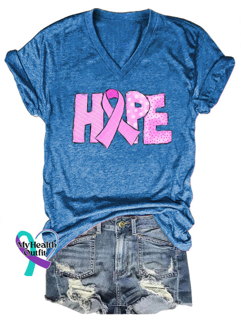 Breast Cancer Hope Casual V-Neck Short Sleeve T-Shirt Blue / S