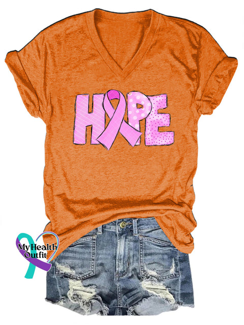 Breast Cancer Hope Casual V-Neck Short Sleeve T-Shirt Orange / S
