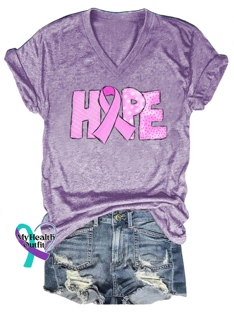Breast Cancer Hope Casual V-Neck Short Sleeve T-Shirt Purple / S