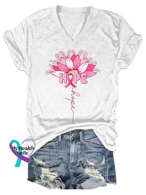 Breast Cancer Hope Printed Casual V-Neck Short Sleeve T-Shirt White / S