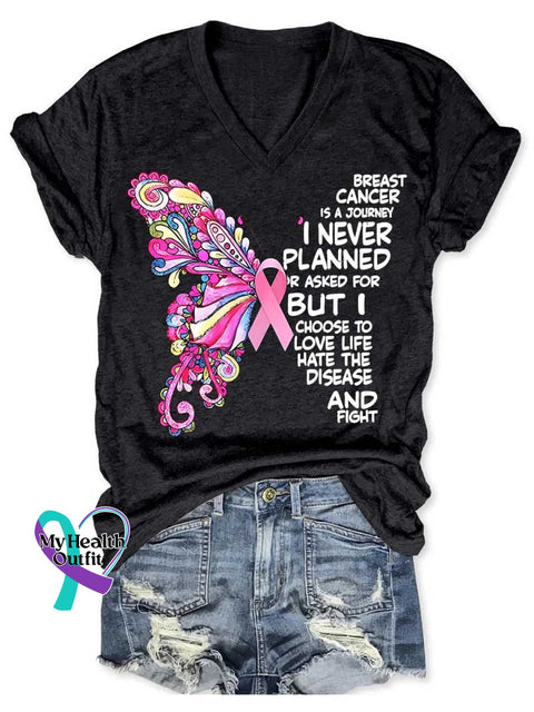 Breast Cancer Is A Journey Butterfly Art Print V-Neck Casual T-Shirt Black / S